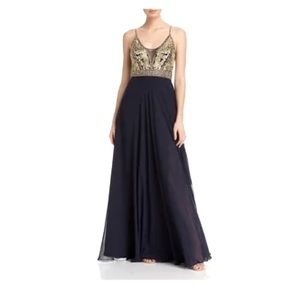 NWT Gorgeous Navy & Gold Formal Gown, by Aqua, from Bloomingdale’s, Size 8.